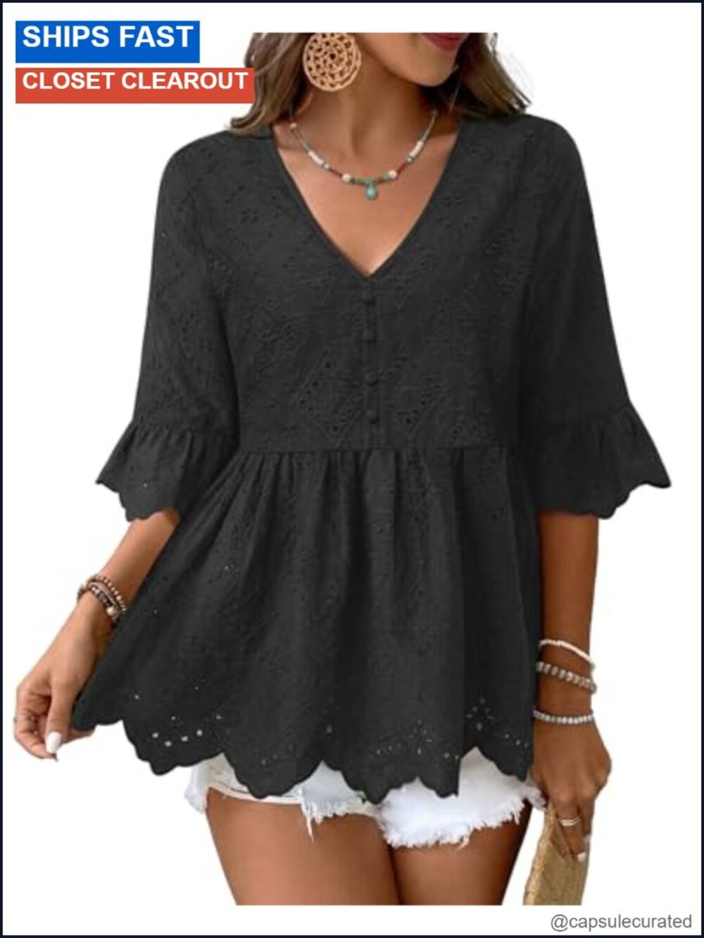 Women's Boho Eyelet Embroidered Ruffle Sleeve Blouse Cotton Summer Top